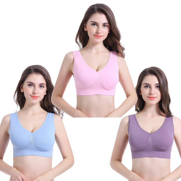 PRETTYWELL Sleep Bra for Women, Comfort Seamless Wireless Stretchy Sports Bra, 3 Pack Yoga Bra, with Removable Pads