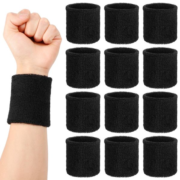 Partideal 12 Stück Schweißbänder Handgelenk,Schwarz Fitness Arm Schweißband 8 * 8cm Handgelenk Elastische Schweißbänder Herren Damen Sport Wristbands für Tennis Basketball Fußball Laufen