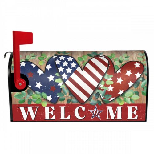Sphragiyn 4th of July Mailbox Cover Magnetic Patriotic Hearts Welcome Mailbox Wraps Post Letter Box Cover for Garden Yard Home Decor Standard Size 21" x 18"