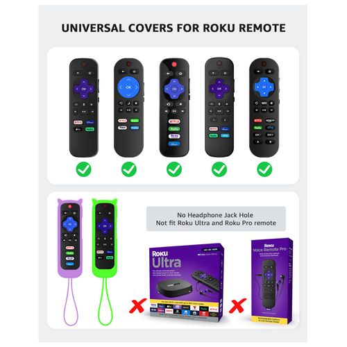 2Pack ONEBOM Cover for Roku Remote with Cat Ears Design, Silicone Skin Case Fit with Hisense/TCL Roku TV, Steaming Stick/Express, Universal Replacement Controller. Glow in The Dark,Green/Purple