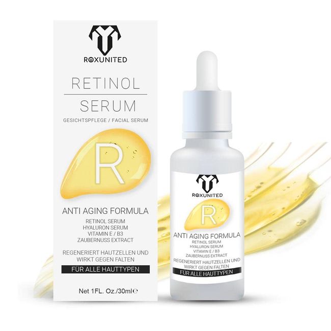 ROXUNITED Retinol Serum Hochdosiert "Vergleichssieger" Hochkonzentriert Serum Gesicht Anti Aging Vitamin C Vegan Hyaluronsäure gegen falten Natur augenringe (30 ml)