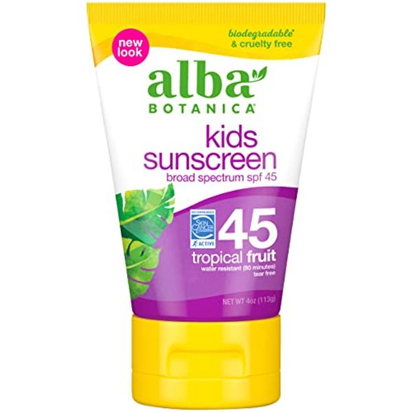 Alba Botanica Kids Sunscreen for Face and Body, Tropical Fruit Sunscreen Lotion for Kids, Broad Spectrum SPF 45, Water Resistant and Hypoallergenic, 4 fl. oz. Bottle