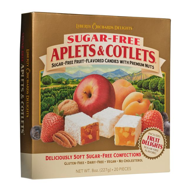 Liberty Orchards, Sugar Free Aplets & Cotlets - Vegan Gourmet Snack, Sugar Free Turkish Delight Candy Gift Box 8 Oz.