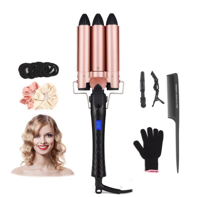 JAETON 3 Barrel Curling Iron Wand 1 Inch Triple Barrels Hair Waver Irons for Beach Waves, Ceramic Tourmaline Hair Crimpers Quick Styling, Temperature Adjustable, Auto Shut-off, Dual Voltage -Rose Glod