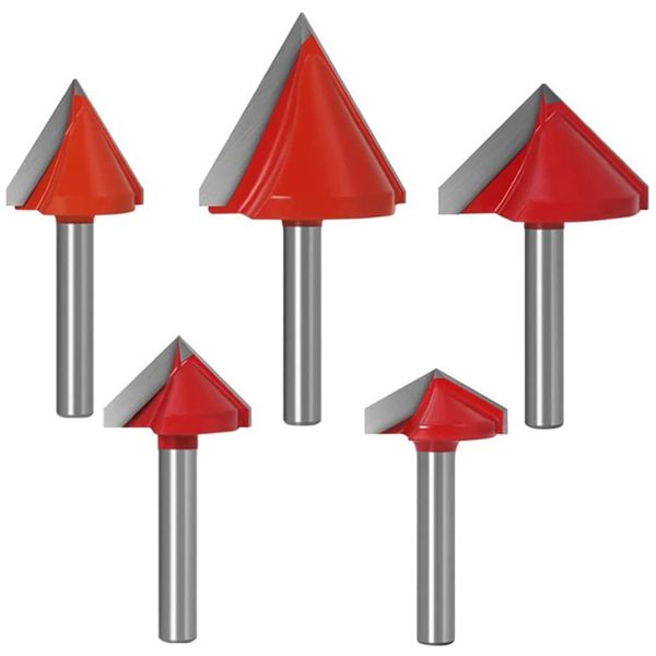 Bestgle Trimmer Bit, 0.2 inch (6 mm) Carbide Blade Router Bit, 0.2 inch (6 mm), Set of 5, V-Groove Bit, 3D V Router Bit, 60° 90° 120° CNC Engraving Woodworking Milling Cutter, V-Groove Router Bit, Tungsten Carbide Solid End Mill, DIY Carving Cutter, V-Sha