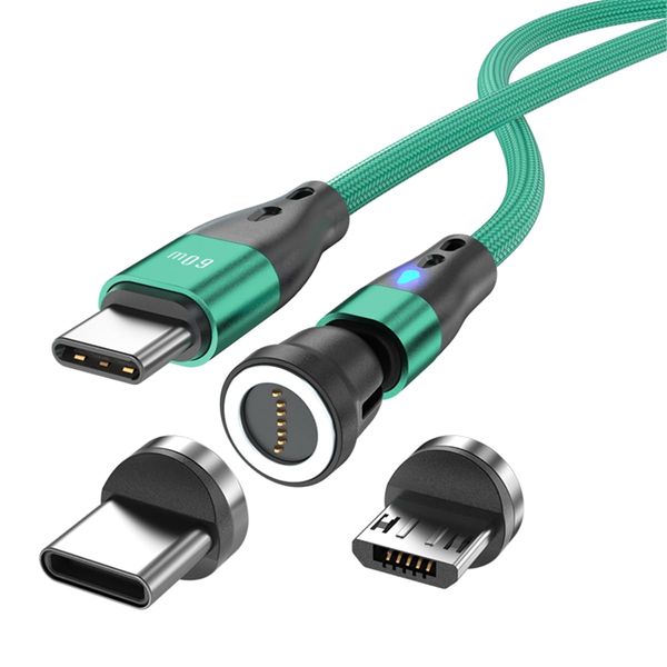 Magnetic Charging Cable USB C to USB Type C/Micro USB Magnetic Cable Pd 60w Fast Charging 1m/2m 540° Rotation 2-in-1 Magnet USB Cable for Android Micro USB Type C Smartphone Tablet Laptop(1m Green)