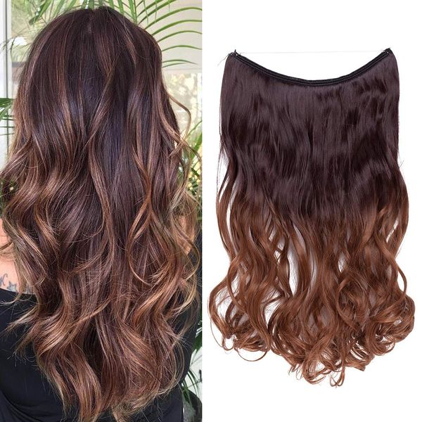 Curly Hairpiece Invisible Secret Wire String, Dark Brown & Light Auburn, 20" One Piece Synthetic Heat Resistant Wire In Hair Extensions