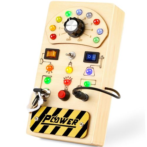 Joyreal Toddler Busy Board, Wooden Montessori Busy Board Sensory Board with LED Light Switch, Sensory Toys Baby Fidget Board Travel Toys for 1+ Year Old Baby and Toddler