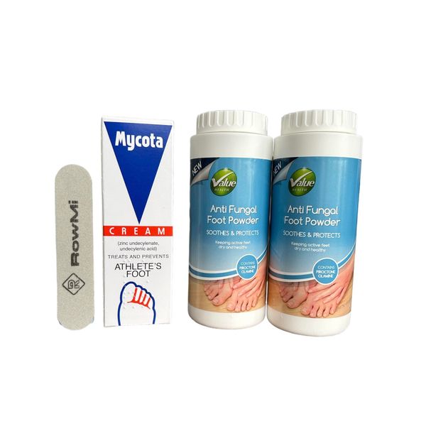 Athletes Foot Treatment, Includes Mycota Athletes Foot Cream (1x 25g) & Anti Fungal Foot Powder (2x 75g) including nail file