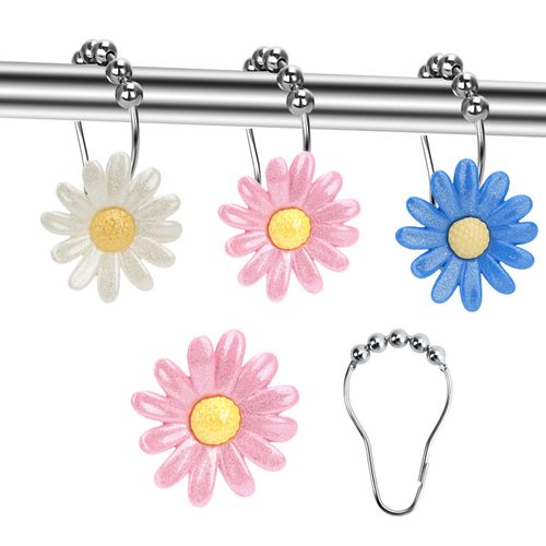 Elerslodia Daisy Flower Decorative Shower Curtain Hooks, Set of 12, Pink & White & Blue,Roller Ball, Stainless Steel, Flower Decor,Rustproof,Easy Install,Home & Bathroom Decor,Shower Rings