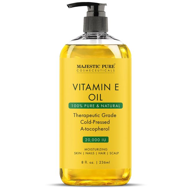 MAJESTIC PURE Vitamin E Oil | 100% Pure and Natural Cold Pressed Vitamin E oil for Skin, Scars, Face, Nails, Hair, Scalp | 20,000 IU | Non-GMO Verified | Hair & Body Oil | 8 Fl Oz