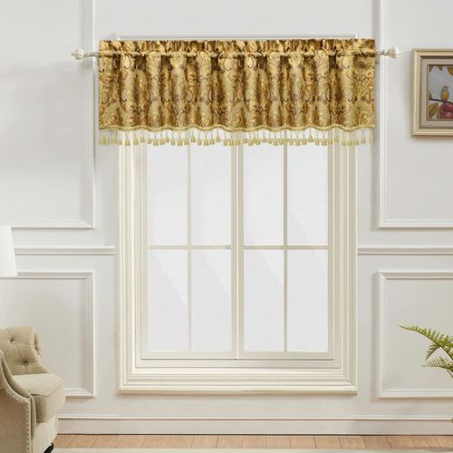 Loom and Mill Luxury Valances for Windows, Elegant Damask Thick Window Treatment Curtains Valance with Handmade Tassels for Living Room, Bedroom Party Banquet Decorations (54" x 18", Yellow)
