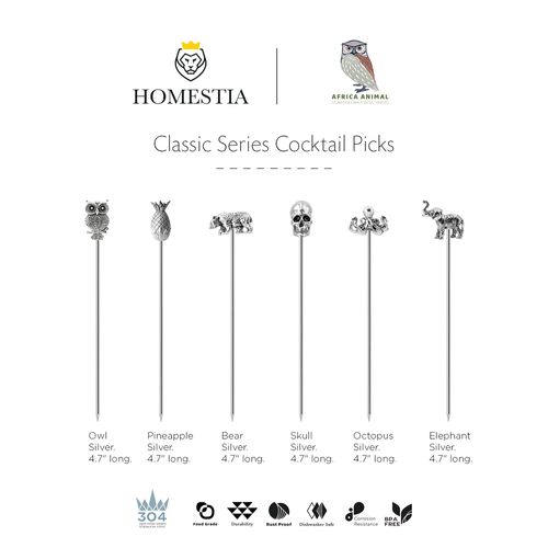 Homestia Cocktail Picks for Drinks, 4.7" Cocktail Toothpicks Metal Cocktail Garnish Skewer, 6Pcs Fancy Olive Martini Picks, Vintage Cocktail Pins Cocktail Accessories for Drinks