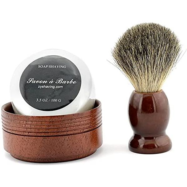 Pure Badger Hair Shaving Brush Natural Wood Mug Bowl Hand-Made Soap Barber Set