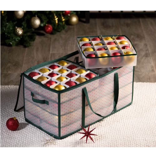 ZOBER Christmas Ornament Storage Box - Stores 128 Ornaments W/ 2 Sided Zipper - Flexible Plastic Christmas Ornament Storage Containers - 3 Inch Cube Compartments - Green