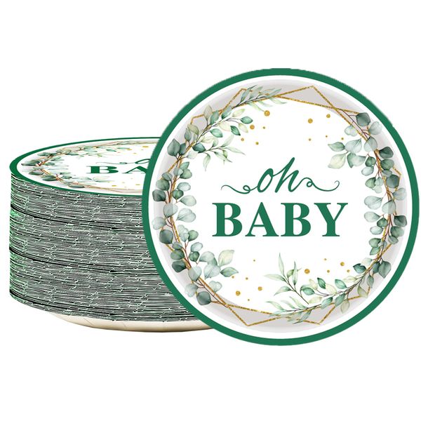 50Pcs Oh Baby Paper Plates Sage Green Baby Shower Party Supplies 7" Sage Greenery Dessert Plates Eucalyptus Plates for Kids Gender Reveal Sage Green Baby Shower Birthday Party Decorations (Green)