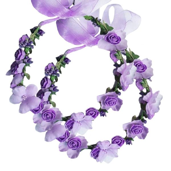 Flower Crown Headband Wreath Garland Hair Bands Floral Wedding Bridal Hair Hoop Women Leaf Ribbon Party Decoration Headdress Headwear Christmas Handmade Headpiece Hair Accessories 2 Pack Purple