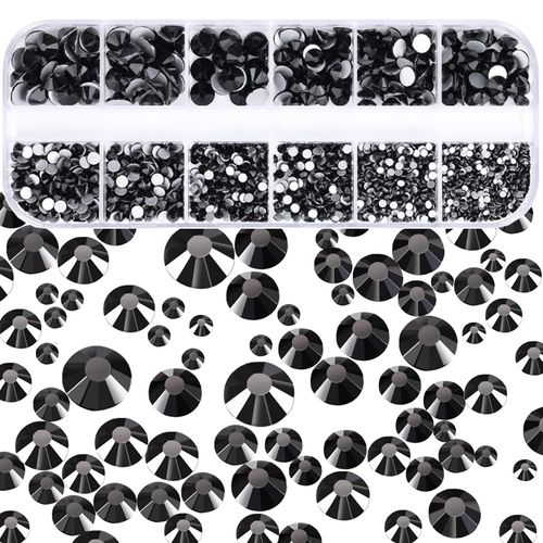 Dowarm 2650 Pieces Non Hotfix Glass Flat Back Crystal Rhinestones, 6 Sizes 1.5mm - 6.5mm, Glue Fix Flatback Crystals Loose Gemstones for Crafts Nail Face Art Clothes Jewels (Jet Black)