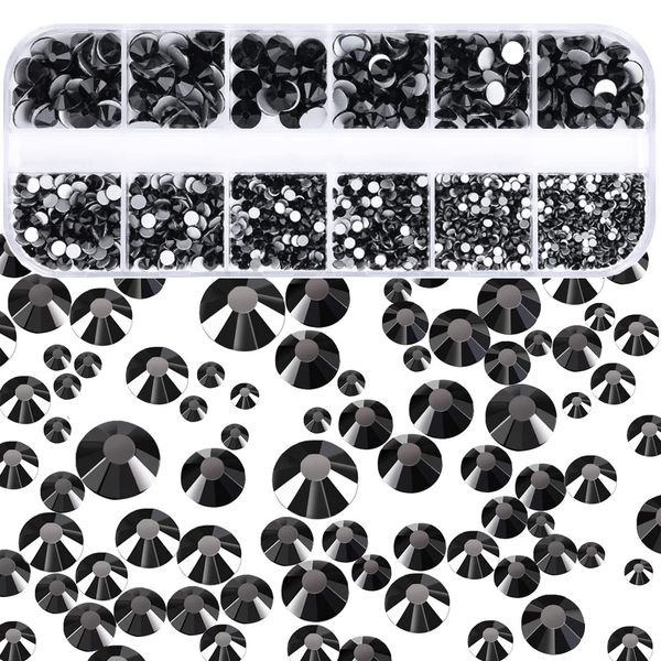 Dowarm 2650 Pieces Non Hotfix Glass Flat Back Crystal Rhinestones, 6 Sizes 1.5mm - 6.5mm, Glue Fix Flatback Crystals Loose Gemstones for Crafts Nail Face Art Clothes Jewels (Jet Black)