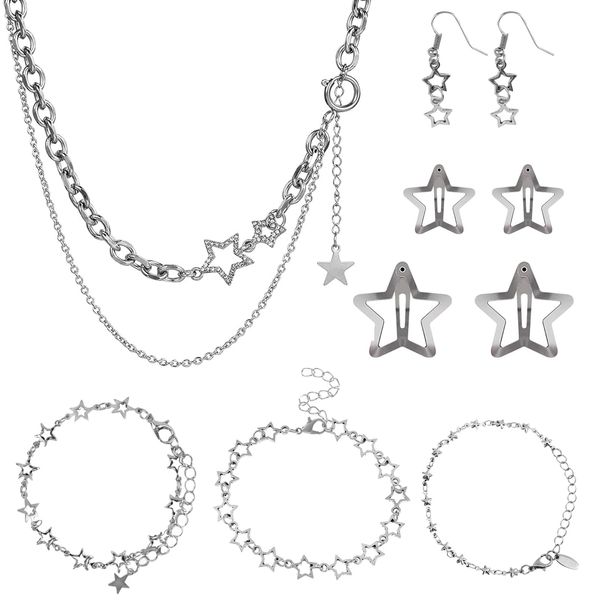 10Pcs Silver Jewelry Set with 1 PCS Y2K Star Necklace,3 PCS Bracelet, 2 PCS Earring,4 PCS Hair Clips Christmas Valentine Anniversary Birthday Jewelry Present for Women Girls