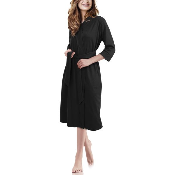 NY Threads Lightweight Women Dressing Gown, Soft Cotton Blend Kimono Robe Perfect for Loungewear and Sleepwear (Medium, Black)