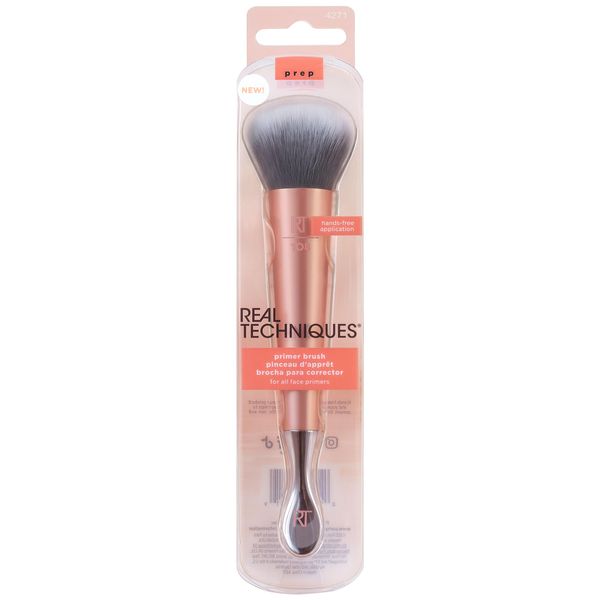 REAL TECHNIQUES Dual-Ended Primer Facial Skincare Brush & Stainless Steel Scoop, 1 Count, Pink