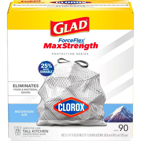 Glad Trash Bags, Protection Series ForceFlex Plus Drawstring Mountain Air Odor Shield with Clorox 13 Gallon 1/90ct