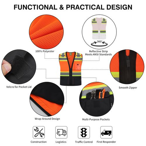 Class 2 High Visibility Reflective Safety Vests Women & Men With 5 Pockets And Zipper Front,Meets Ansi/Isea Standards (Orange Black, Small)
