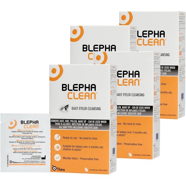 80 Blephaclean Daily Eyelid Wipes - Gentle Cleansing for Blepharitis and Dry Sensitive Skin | Preservative-Free Formula and Soothing Effective Dry Eye Relief | 20 Sterile Wipes x 4 packs