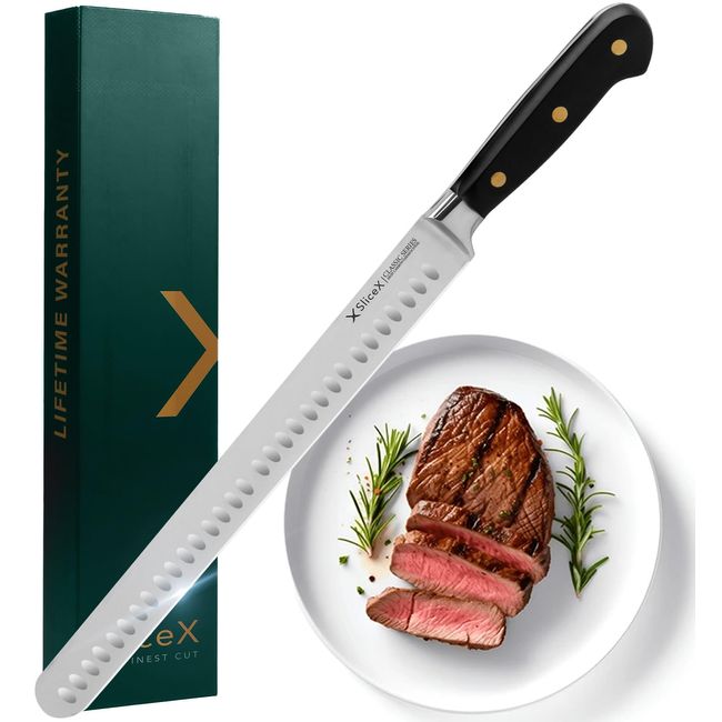 SliceX Classic Brisket Slicing Knife - German Steel Razor Sharp 12" Carving Knife for Meat - Premium Meat Carving Knife Full Tang - Slicing Knife for Meat