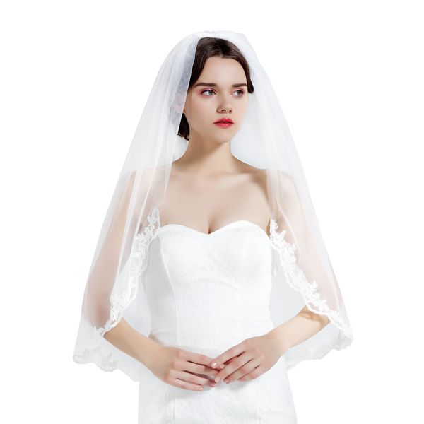 BEAUTELICATE Wedding Bridal Veil with Comb 1 Tier Lace Applique Edge Fingertip Length 36" Ivory