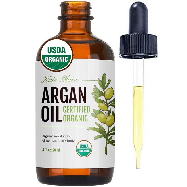 Kate Blanc Cosmetics Argan Oil for Hair and Skin 100% Pure Cold Pressed Organic Argan Hair Oil for Curly Frizzy Hair. Stimulate Growth for Dry Damaged Hair. Moroccan Skin Moisturizer (Light 4oz)
