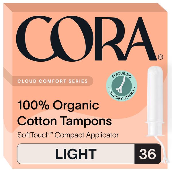 Cora Organic Applicator Tampons | Light Absorbency | 100% Organic Cotton, Unscented, BPA-Free Compact Applicator | Leak Protection | Packaging May Vary | 36 Total