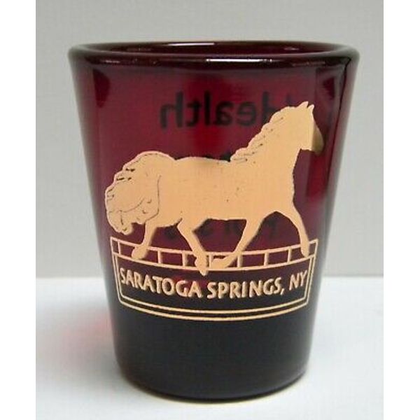 SARATOGA SPRINGS, NY Shot Glass ~ Health History Horses (Ruby Red and Gold)