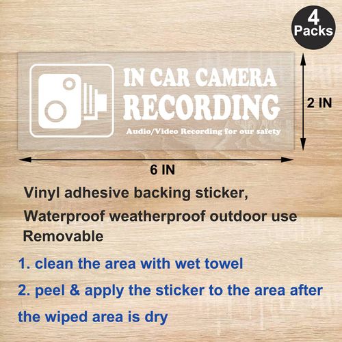 None Brand 4 Pcs Waterproof Vinyl Camera Recording Window Stickers, White 2 x 6 inch, for Rideshare, Van, Truck, Taxi, Maxi Cab, Bus, Coach Drivers