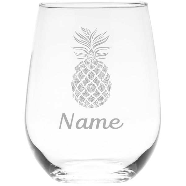 Pineapple with name personalized stemless wine glass, 17 oz.