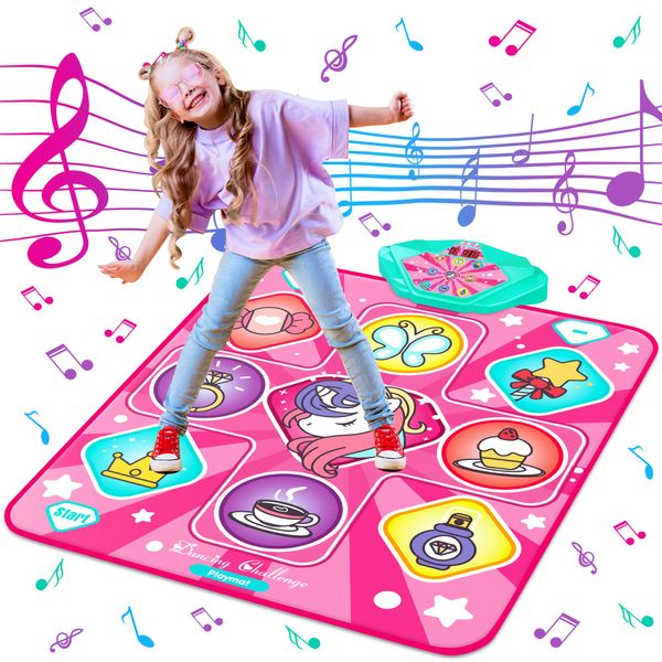 Kusntin Unicorn Dance Mat, Dance Mixer Rhythm Step Play Mat, Pink Dance Pad with LED Lights, Adjustable Volume, Built-in Music, 5 Game Modes, Xmas B-Day Gifts for 3-12 Years Old Girls Toys