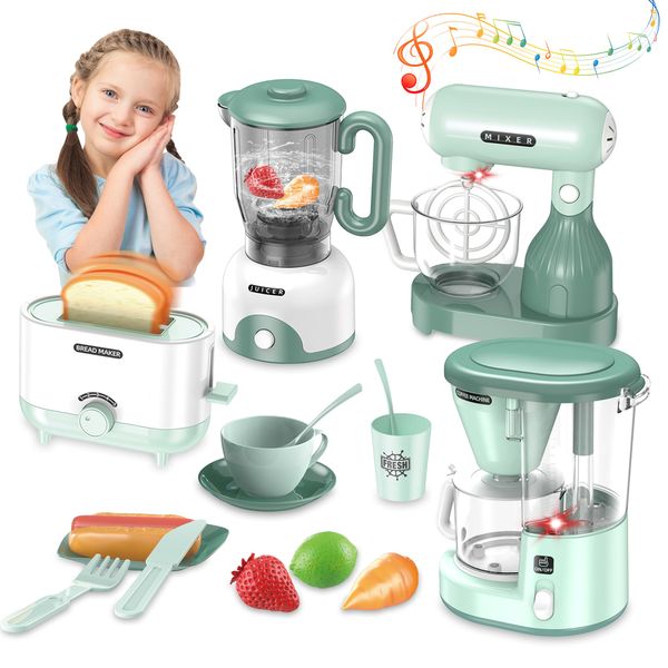 Euanze Pretend Play Kitchen Appliance Toy Set with Coffee Maker, Toaster, Blender, Mixer, Kids' Kitchen Play with Light & Sound Features, Ideal for 3-8 Year Old Boys Girls