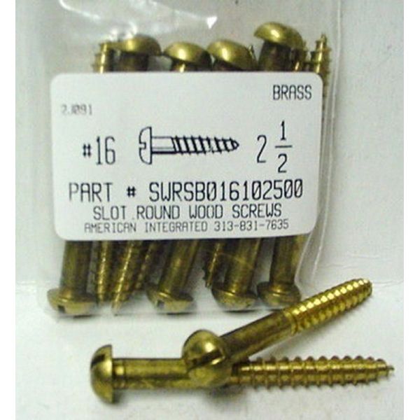 #16x2-1/2 Round Head Slotted Wood Screws Solid Brass (10)