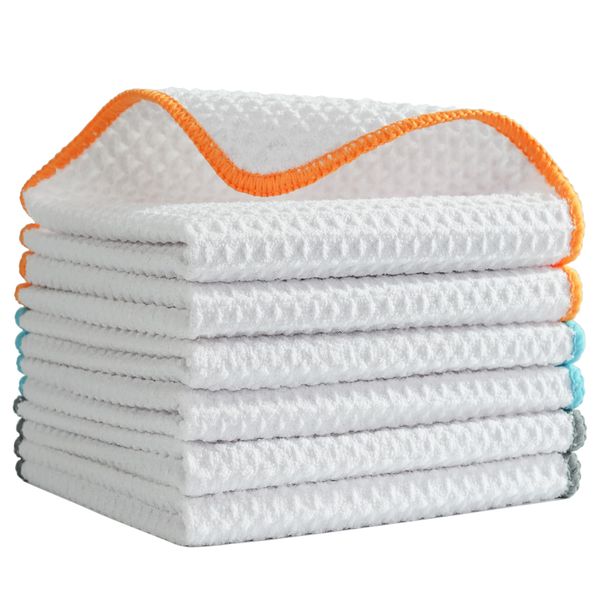 POLYTE Ultra Premium Microfibre Kitchen Dish Cloth Waffle Weave, 6 Pack (30x30 cm, White)