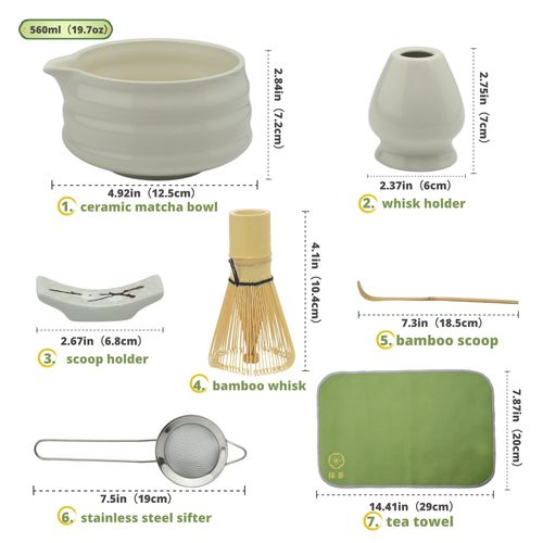 YEEMUOS Matcha whisk Set,7 Pcs Matcha Making Kit with whisk Whisk, Ceramic Bowl, Sifter, Scoop, Holder, Stand, and Tea Towel for Ultimate Matcha Experience（White）