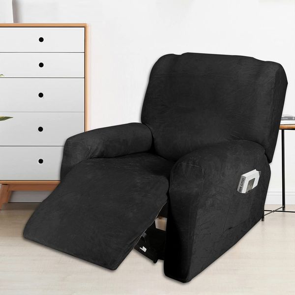 Recliner Sofa Chair Covers, Velvet Stretch Reclining Couch Covers for 1/2/3 Seat Sofa Slipcovers Furniture Covers Thick Soft Washable with Pocket for Reclining Sofa (Black, 1 Seater)