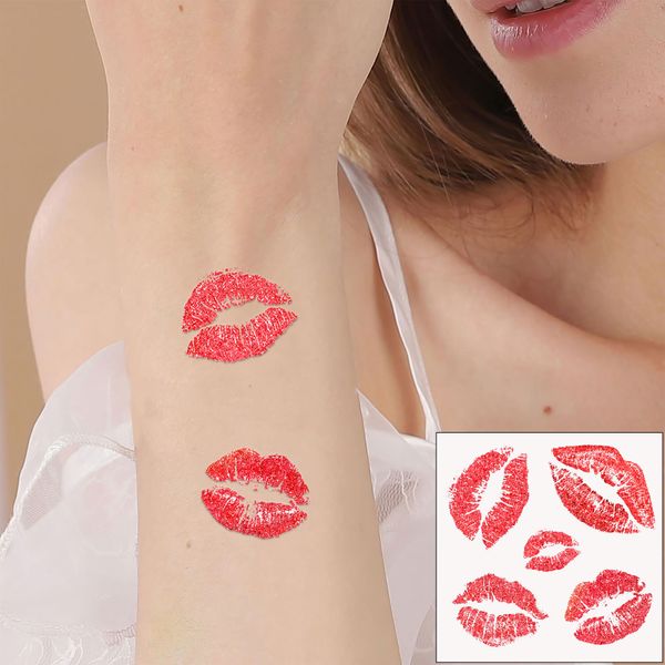 Sevendosong 6 Sheets Red Lip Temporary Tattoo For Women Lip Glitter Stickers Face Tatoo Body Art Neck Arm Tattoos Party Fovors Water-Proof Body Art