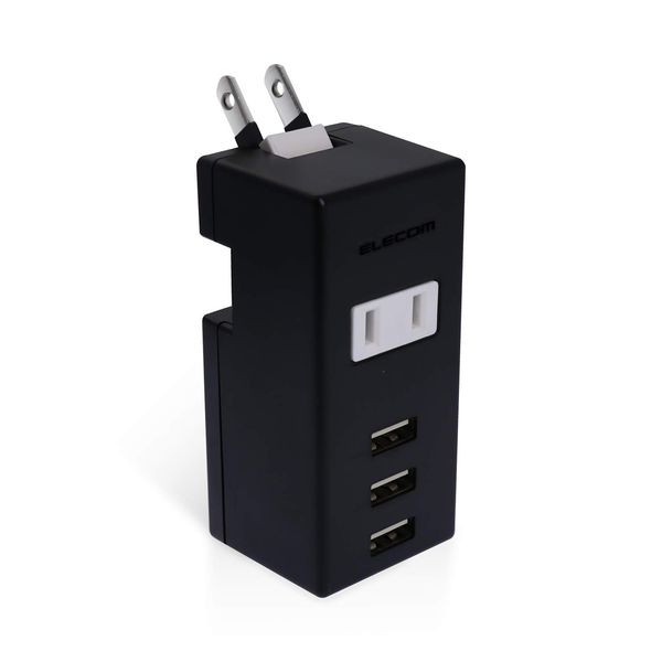 Elecom USB Tap, USB Female x 3, AC x 1, Vertical Insert, 2.1A, Black