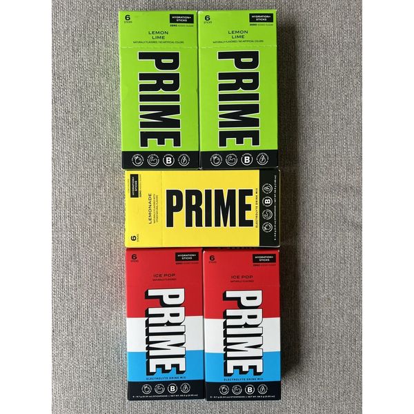 PRIME Hydration Sticks 5 Boxes-Ice Pop(2),Lemon Lime(2)&Lemonade(1)30 Sticks