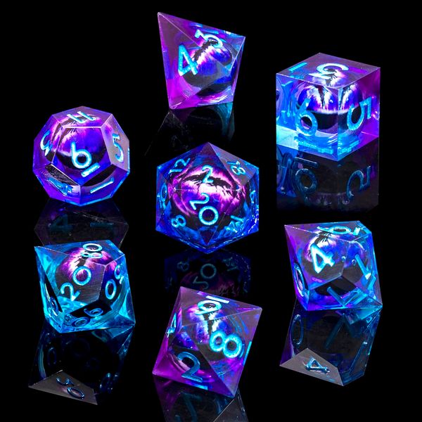 Beholder's Dragon Eye DND Dice Set,Sharp Edge Liquid Core Resin Handmade Cat Eye Dice with Gift Box 7 PCS for Role Playing Dungeons and Dragons Ttrpg(Blue Purple)