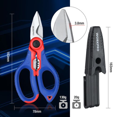 WORKPRO Electricians Scissors with Wire Stripper, 6-1/2 INCH(163MM), Multi-Function Stainless Steel Electricians Shears with Belt Clip Sheath