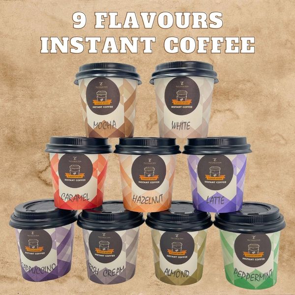 Coffee Gift Set - 9 Instant Coffee Travel Cup Set - Cappuccino, Irish Cream, Almond, Hazelnut, Caramel, Peppermint, White, Latte, and Mocha Flavoured Coffee - Christmas Coffee Gifts for Men and Women