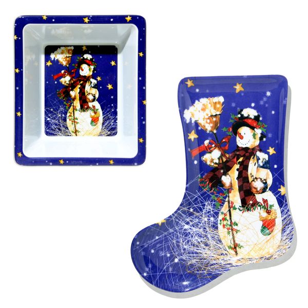 Snowman Christmas Dish Tableware Set 2pc Party Serveware Set, Blue White