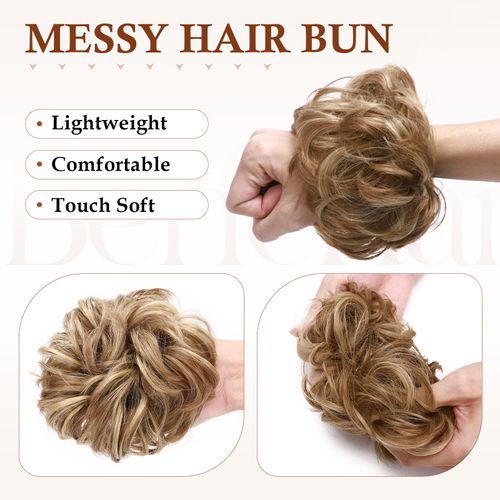 Benehair Messy Bun Hair Piece Scrunchy Updo Hair Pieces for Women Fluffy Wavy Hair Bun Scrunchies Donut Hairpiece Synthetic Chignons With Elastic Rubber Band Light Brown & Ash Blonde 2pcs 50g